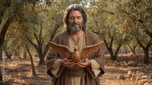 Man Holding a Wooden Dove Symbol