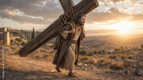 Biblical Man Carrying a Giant Wooden Cross