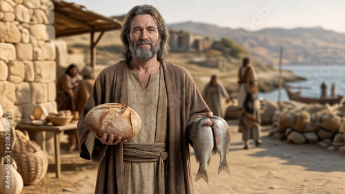 Biblical Man Holding Bread and Fish