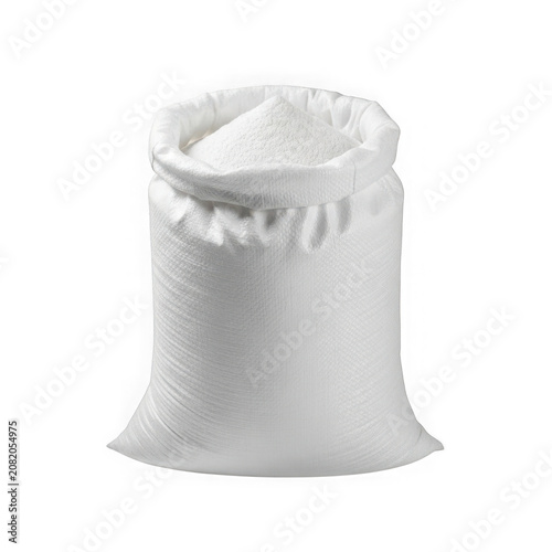 Large white fabric bag filled with powdery substance standing upright transparent background