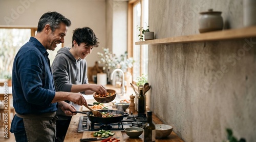 Father and son happily cooking together in a bright modern kitchen