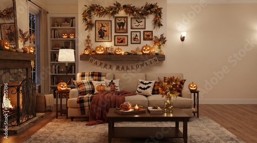 Cozy Living Room Decorated for Halloween with Pumpkins and Fall Accents