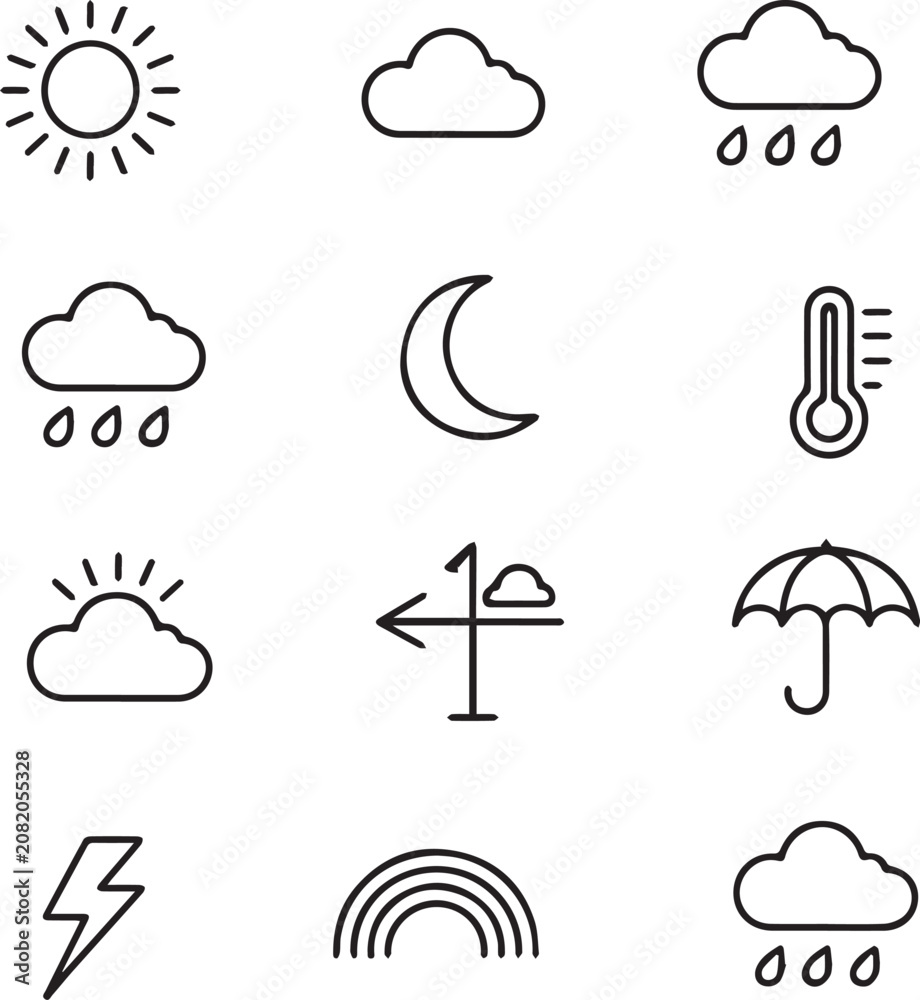 Naklejka premium Set of black and white weather icons including sun cloud rain moon thermometer umbrella and lightning Vector
