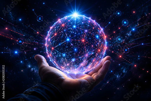 Cosmic Connection: A human hand cradles a glowing, interconnected digital sphere, symbolizing global networking and technological advancement in a universe of data.