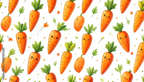 A seamless pattern of cheerful cartoon carrots with green tops and smiling faces on a white background