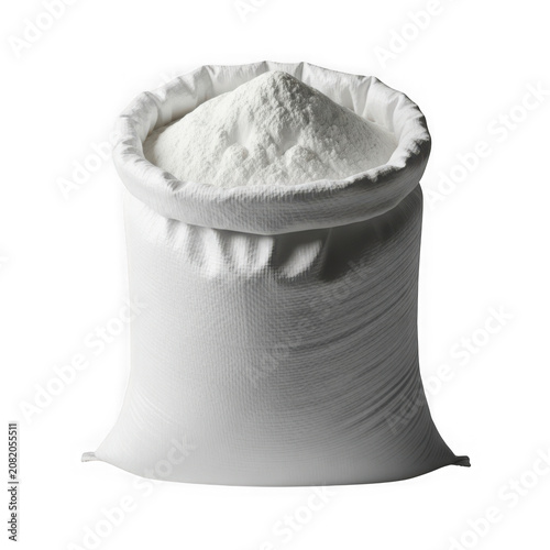 Large white fabric sack filled with powdery white substance transparent background