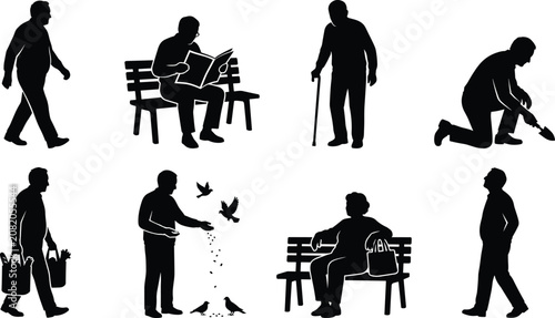 Senior citizens daily life activities silhouette collection featuring elderly people walking reading gardening sitting on bench and feeding birds