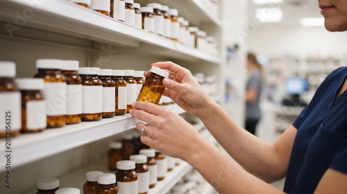 Pharmacist hands selecting a bottle of pills from a shelf in a pharmacy