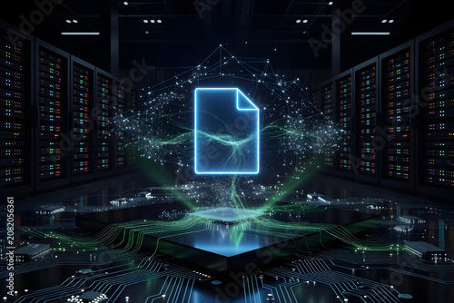 Digital Document Processing: A glowing digital icon of a document hovers above a futuristic circuit board, surrounded by abstract data streams and server racks.