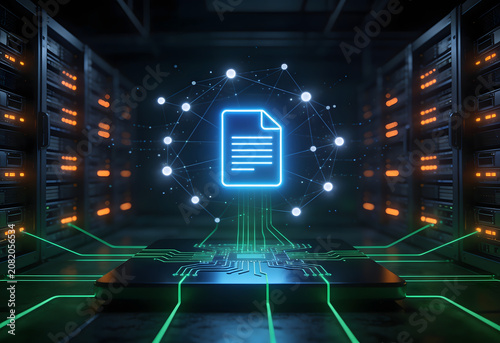 Digital Document Network: A glowing neon icon of a document, interconnected by a network of nodes and lines, is centered within a futuristic server room, symbolizing digital data and connectivity.