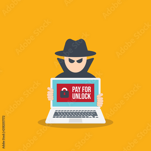 Ransomware Attack Payment Demand Hacker Holding Infected Laptop