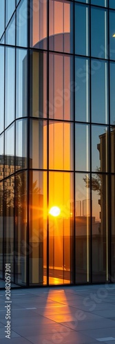 Golden hour reflections on modern glass building facade, sunset, shadows