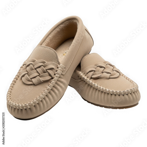 Light beige moccasin style shoes with braided decorative details transparent background
