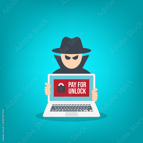 Ransomware Attack Payment Demand Hacker Holding Infected Laptop