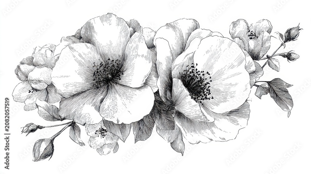 Obraz premium Hand drawn flowers, vector illustration. Floral vintage sketch.