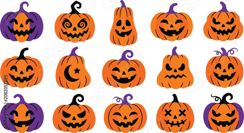 Halloween pumpkin faces on white background