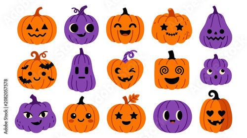 Kawaii Halloween pumpkins and gourds with cute faces