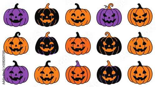 Colorful Halloween pumpkins with different faces