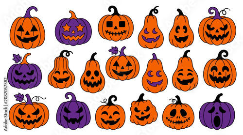 Colorful Halloween pumpkins and gourds with spooky faces