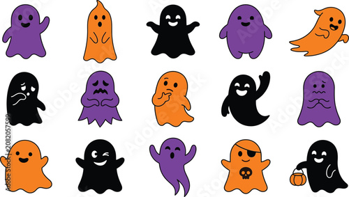 Colorful cartoon ghosts with various emotions on white background