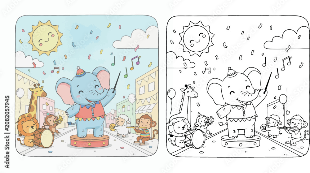 Obraz premium Cute Cartoon Elephant Conductor Leading an Animal Parade Orchestra