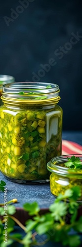 Fresh cilantro and mint chutney in glass jars, jars, herbs