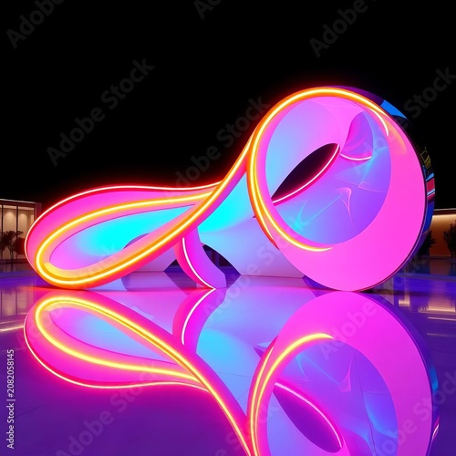 Elegant curves and geometric shapes form a dynamic sculpture adorned with vibrant neon lights on a highly polished reflective surface, Contemporary Design, ||Metal Sculpture