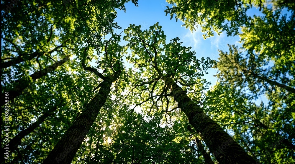 Fototapeta premium Green forest canopy sunlight sky professional lifestyle marketing and creative visual concept