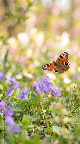 A Beautiful Peacock Butterfly Flying Over Purple Wildflowers in a Sunny Spring Garden