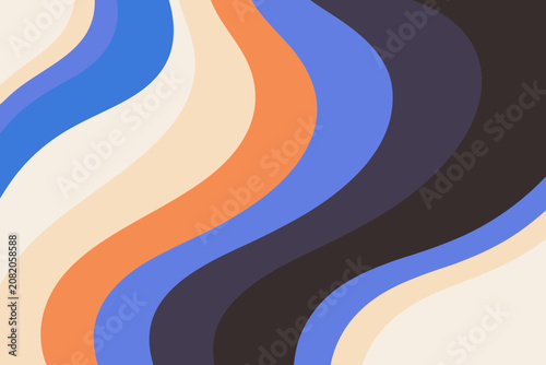 Vibrant wavy lines in blue, orange, and purple hues create a dynamic abstract pattern on a beige background abstract design