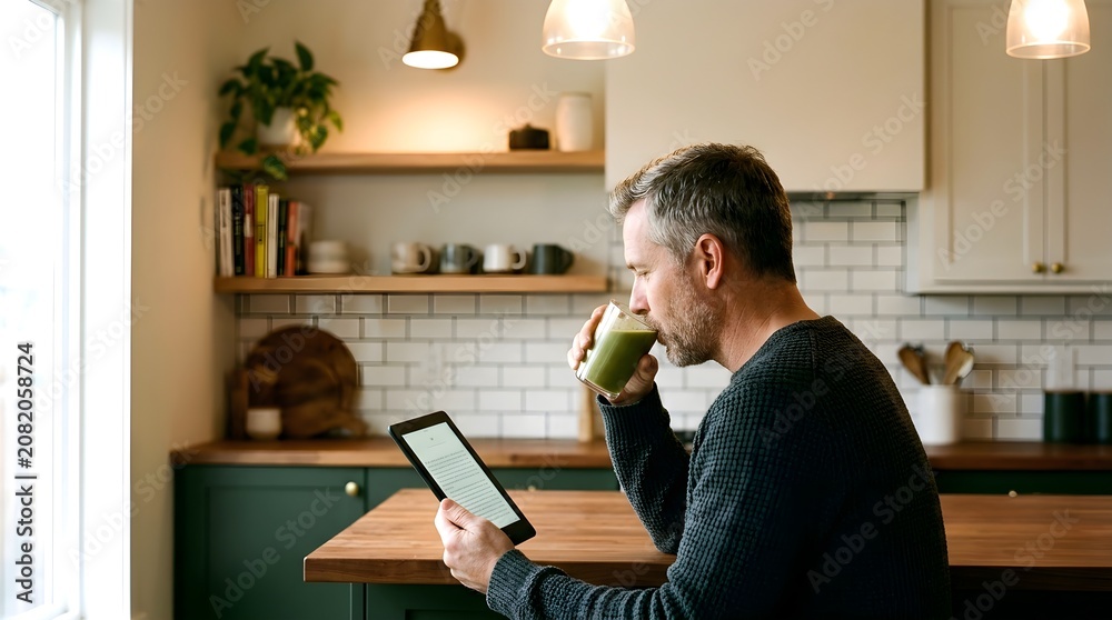 Obraz premium Man sipping smoothie reading tablet professional lifestyle marketing and creative visual concep