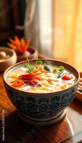 Silky congee with vibrant vegetables floating on top, surrounded by a warm light, fresh vegetables, nourishing
