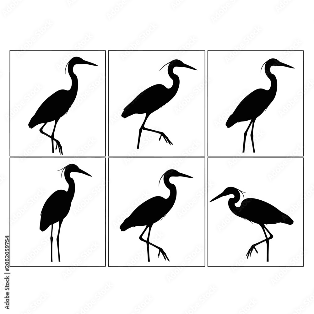 Fototapeta premium Heron silhouette vector collection, set of 6 black crane bird icons, minimalist egret wildlife shapes for logo design and nature branding
