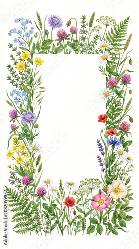 Botanical Watercolor Wildflower Border with Meadow Grass and Colorful Blossoms for Vertical Stationery Design
