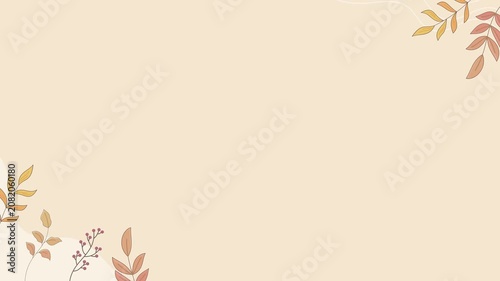 Seamless looping background animation of swaying autumn leaf twigs on corners with wide text copy space. Flat style seasonal fall frame illustration on pastel cream solid color