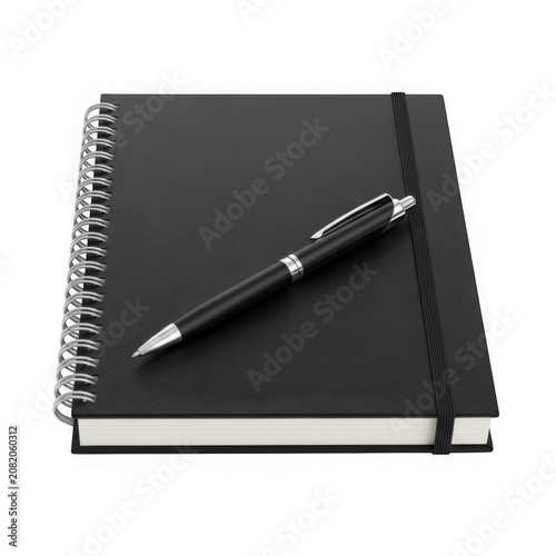 Black spiral notebook with black pen resting on top transparent background