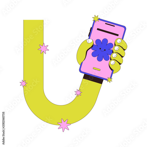 Bendy funky hand holding phone with lock screen neubrutalism instruction graphic. Playful groovy arm. Mobile interaction. Smartphone interface feature. Trendy UI design. Flat 2D illustration