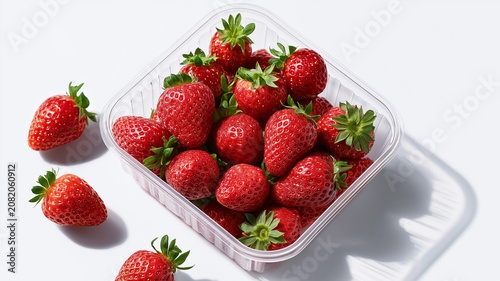 Bright red strawberries in clear punnet showcasing freshness in a light studio setting Generative AI