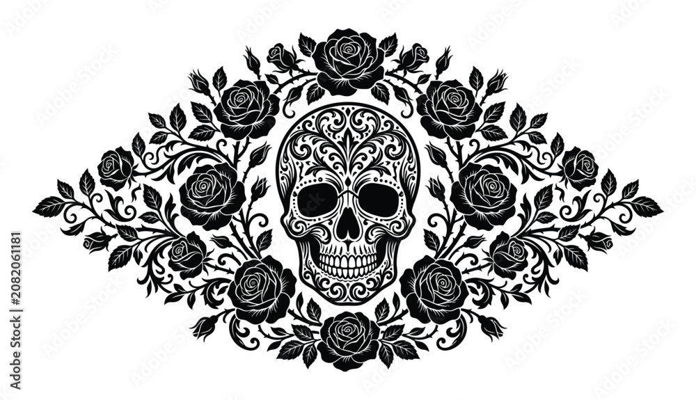 Fototapeta premium Black and White Sugar Skull with Roses Vector Illustration, Day of the Dead Ornate Calavera Design