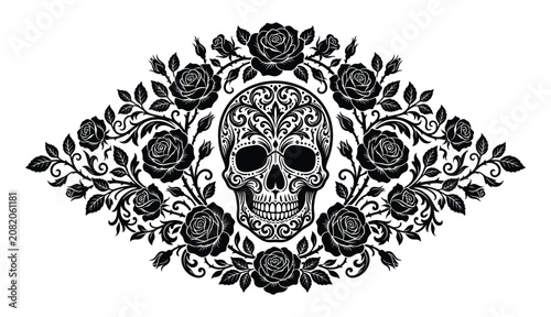 Quadro su tela Black and White Sugar Skull with Roses Vector Illustration, Day of the Dead Orna