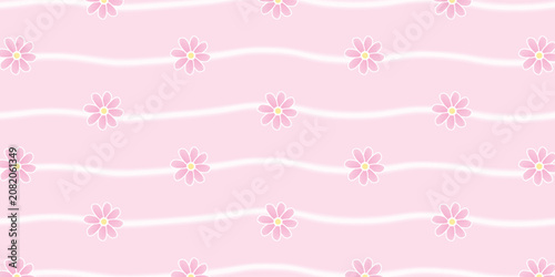 Cute pink seamless pattern with daisy flowers and soft wavy lines background.