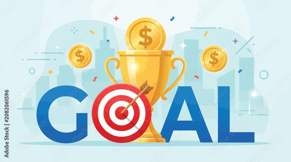 Fototapeta premium Flat vector illustration of a golden trophy and business target representing financial success and achievement