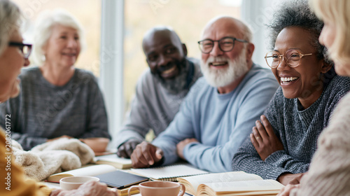 Diverse group of senior friends laughing at a book club meeting. Happy elderly people discussing literature around a table with coffee and notebooks