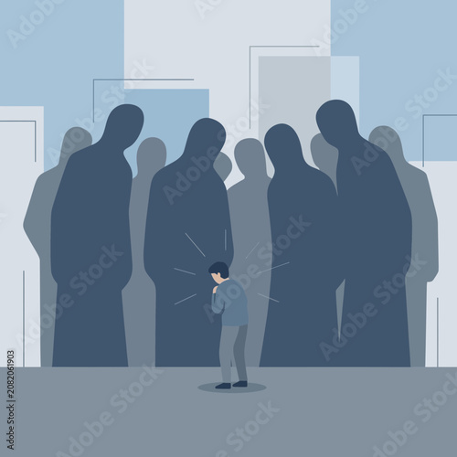 Minimalist vector of small person intimidated by giant silhouettes. Focus on mental health and social pressure. Flexible Layout.