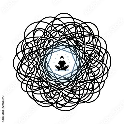 Mindfulness and Mental Health Illustration of Person Meditating Inside Chaotic Tangle for Wellness Branding and Focus Concept Flexible Layout
