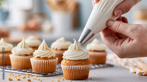 Hands decorating a cupcake with white frosting using a piping bag. Close-up of homemade baking process with cupcakes on a cooling rack