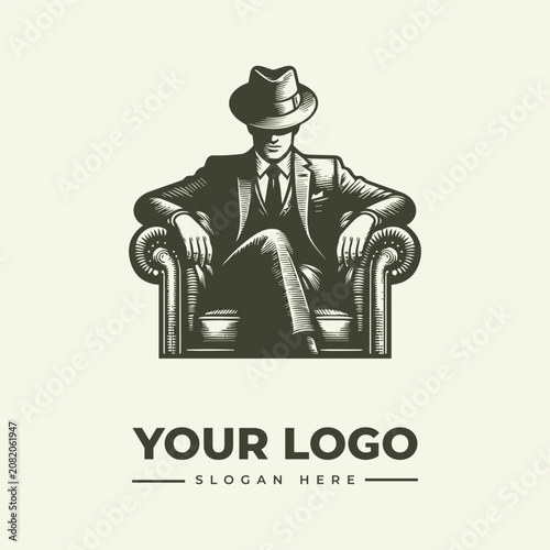 Vintage style illustration of a mysterious man in a suit sitting on a leather armchair.