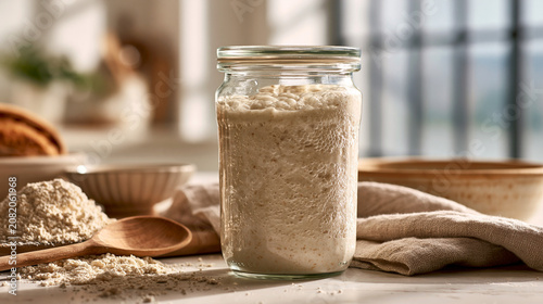 Active bubbling sourdough starter in a glass jar on a kitchen counter. Homemade artisan bread baking ingredients with flour and wooden spoon