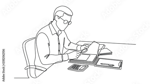 Continuous line drawing of a focused accountant working at a desk
