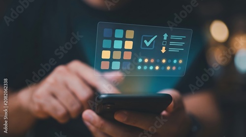 Looker Studio Aesthetic Productivity Concept: Holographic 2D Minimalist Icons for Task Prioritization, Matrix Grids, and Urgent Checkboxes Floating in Sharp Focus near Blurred Hands and Smartphone